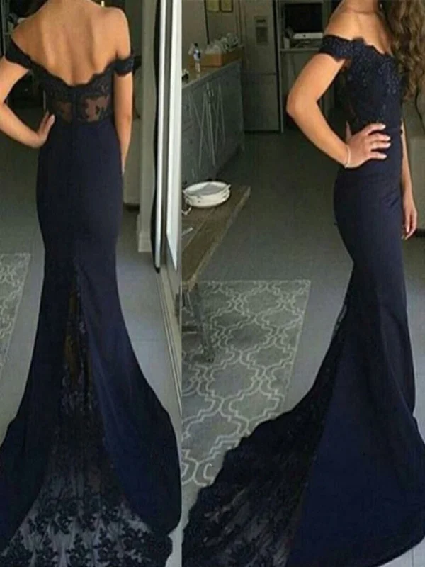 Women's Work Outfit For The Office Coastal Beach - Inspired Style Navy Blue Off Shoulder Mermaid Lace Prom Dress, Navy Blue Lace Formal Dress, Navy Blue Lace Bridesmaid Dress