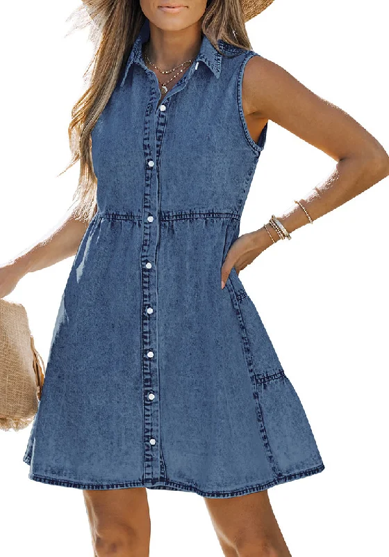 Women's Clothes And Apparel Final Clearance Reef Blue Denim Dress for Women Sleeveless Babydoll Button Down Short Jean Dresses Cute Summer