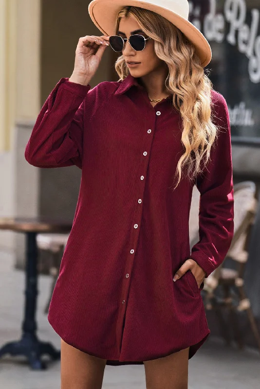 Women's Professional Attire Buy More, Save More Button Front Curved Hem Raglan Sleeve Shirt Dress