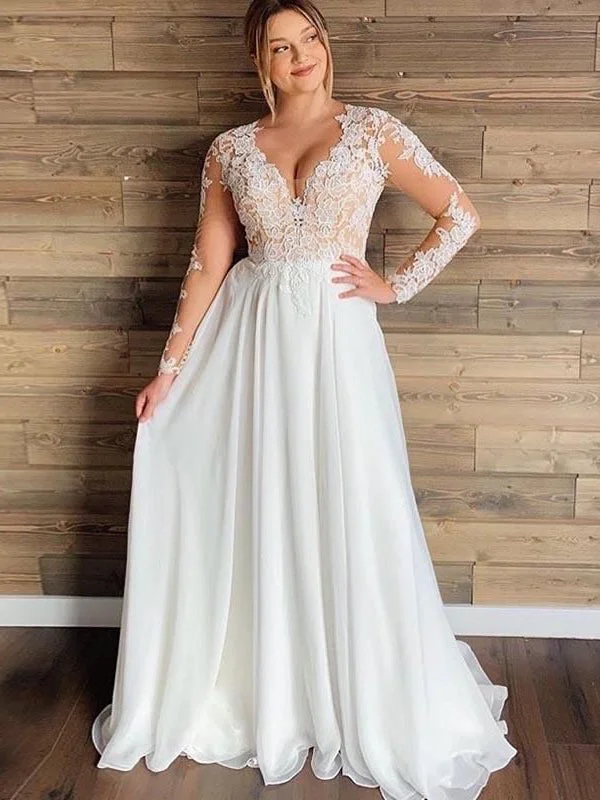 Timeless Women's Garments Artful Design Long Sleeves Lace Chiffon Wedding Dresses, Simple Country Wedding Dresses, Bridal Gown