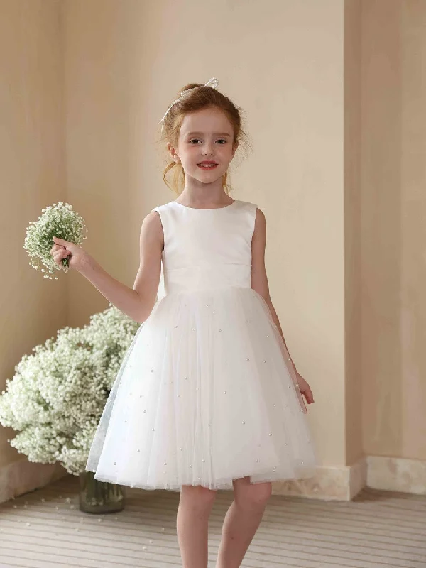 Women's Occasion Wear Apparel Cottagecore Rustic Charm Style A-Line/Princess Crew Neck Sleeveless Tulle Flower Girl Dresses with Pearls