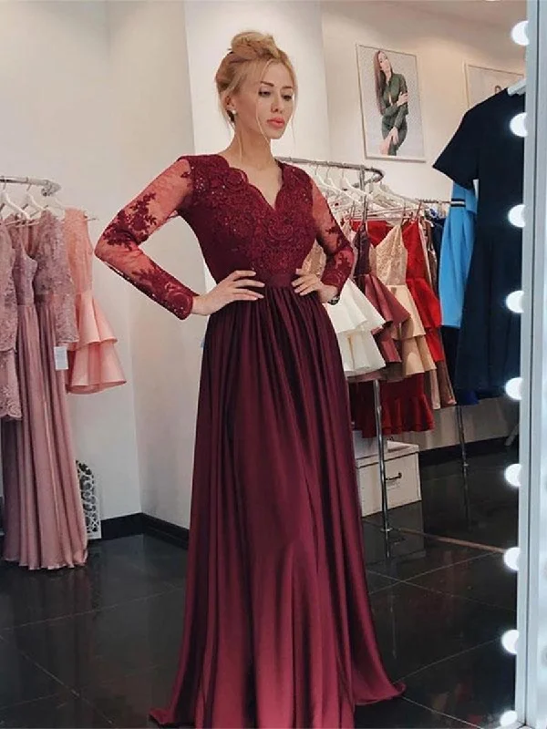 Women's Comfy Loungewear Outfit Elegant Contour V Neck Long Sleeves Burgundy Lace Prom Dresses 2020, Long Sleeves Burgundy Formal Dresses, Burgundy Lace Bridesmaid Dresses