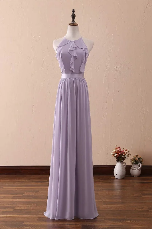 Women's Holiday Clothes Exquisite Craftsmanship Lilac Halter Open Back Ruffled Long Bridesmaid Dress