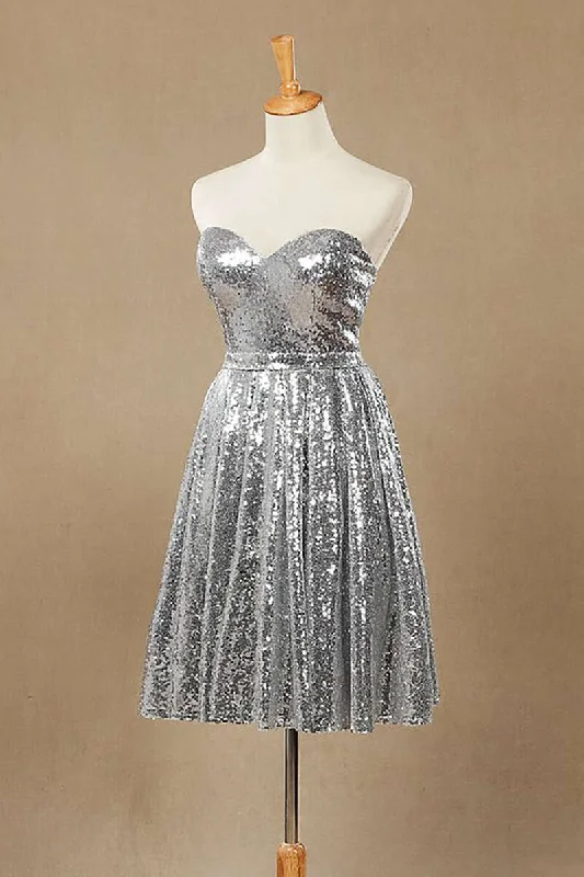 Stylish Clothes For Women Sleek Design Silver Sequin Sweetheart A-Line Knee Length Bridesmaid Dress