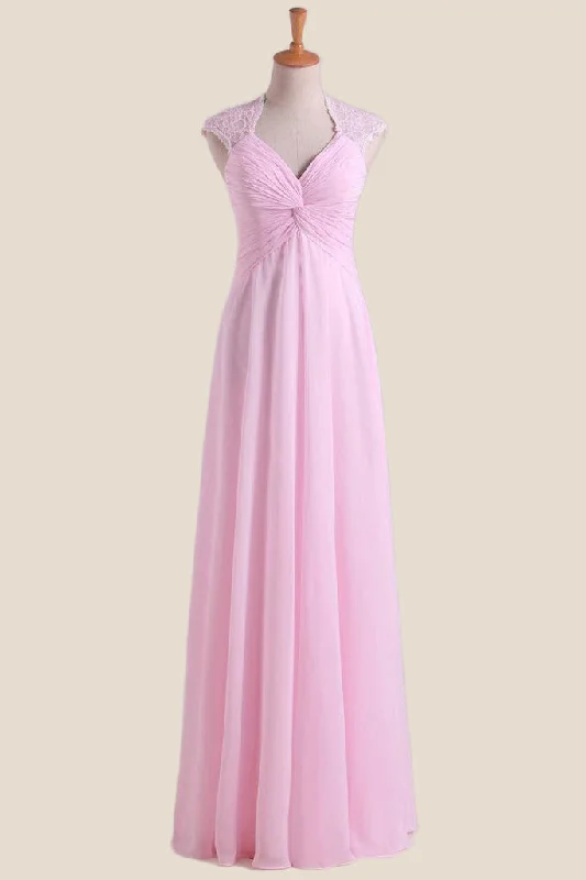 Women's Luxury Garments Flowing Silhouette Pink Chiffon Twisted Chiffon Long Bridesmaid Dress