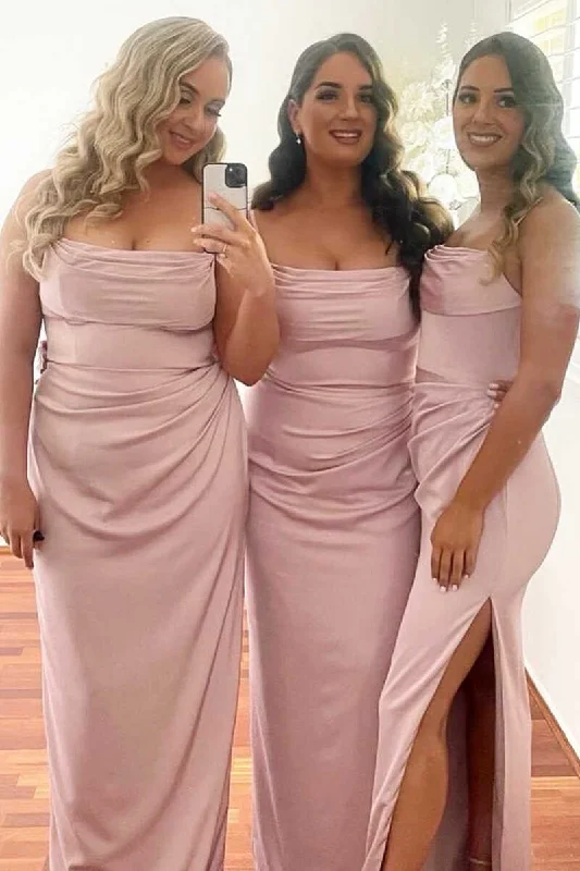 Women's Trendy Casual Clothes Lightweight Fabric Pink Cowl Neck Long Bridesmaid Dress with Slit