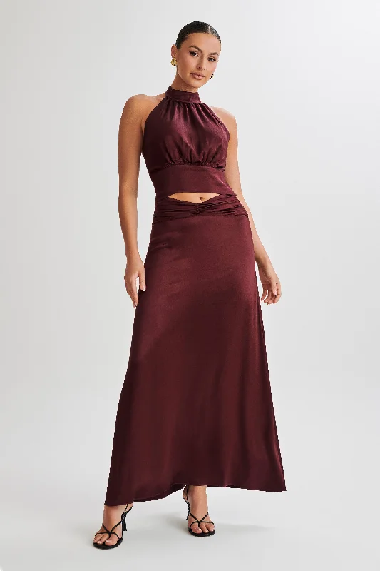 Women's Apparel And Garments Vintage Elegance Clara Satin Ruched Maxi Skirt - Plum