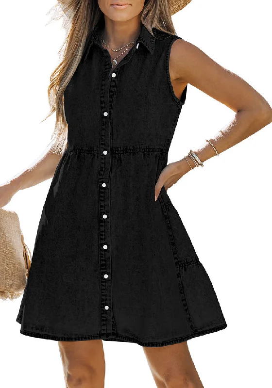 Women's Comfortable Apparel Nordic Minimalist Home Look Vintage Black Denim Dress for Women Sleeveless Babydoll Button Down Short Jean Dresses Cute Summer