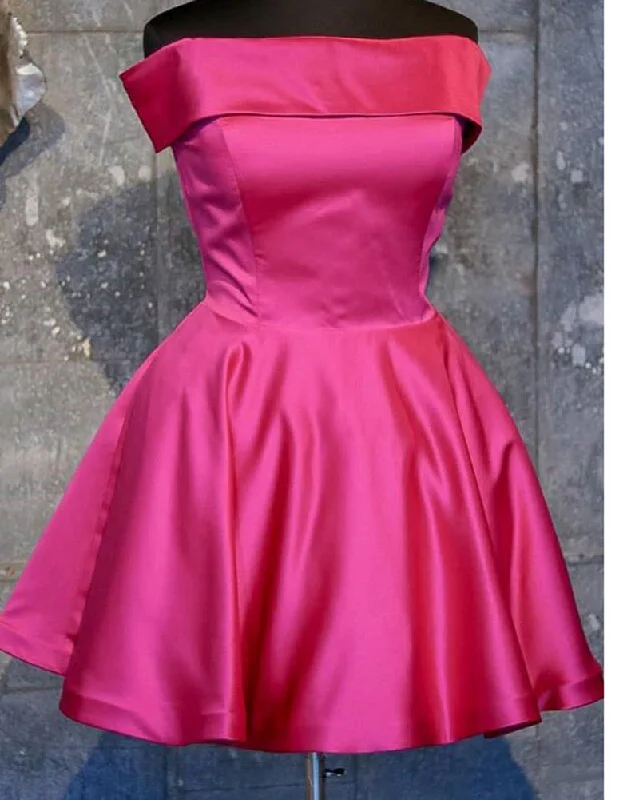 Women's Versatile Apparel Statement Piece Fuchsia Hot Pink Short Cocktail Dress ,A Line Satin Off Shoulder Graduation Dress SP0728