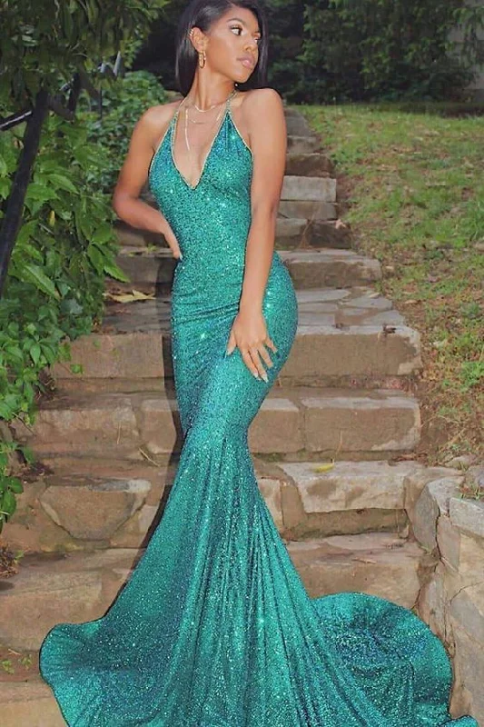 Women's Clothes For Special Occasions Classic Charm Gorgeous Halter Sleeveless Sparkly Shiny Mermaid Prom Dresses   cg8610