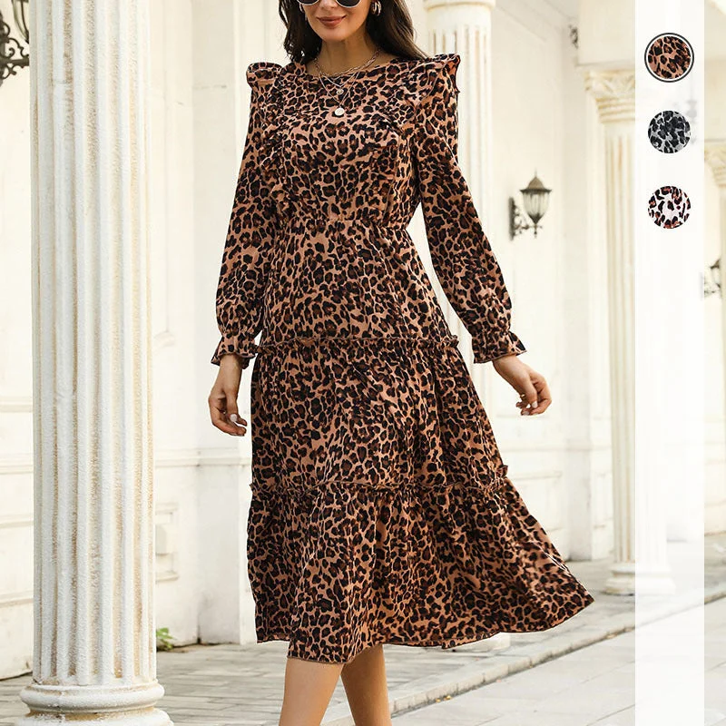 Women's Evening Garments Effortless Comfort IKEARLAX  Cross-border Women's Clothing  Autumn  Long Leopard Print Lotus Leaf Edge Long Sleeve Dress Hot Trade