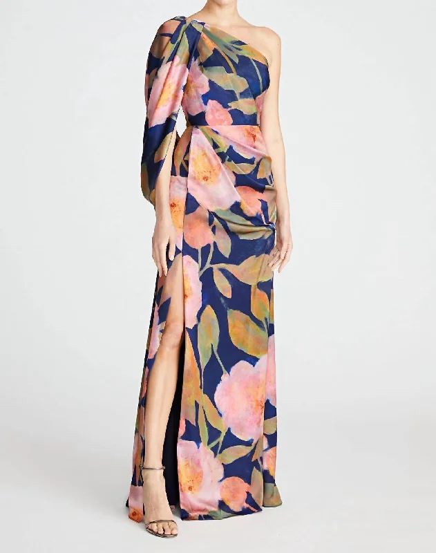 Women's Casual Attire Nordic Minimalist Home Look Tori Drapped One Shoulder Gown In Nocturnal Peonies