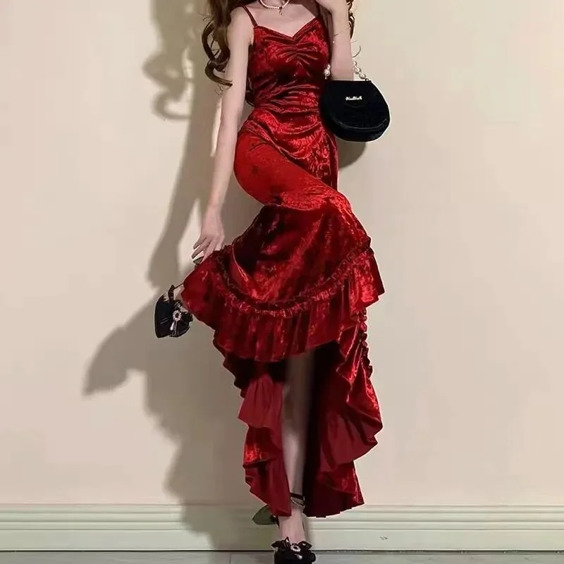 Women's Casual Wear Clothing Limited - Edition Drops Vintage Elegant Women Spaghetti Strap Sexy Prom Dress Bodycon Slim Red Dinner Party Long Dress Y4521