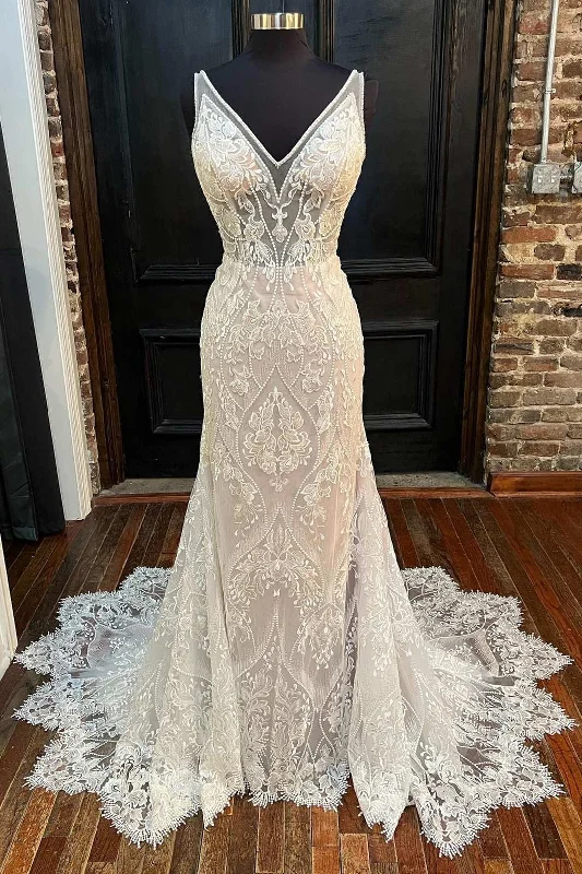 Women's Wedding Apparel End - of - Month Blowout Glamorous Beige Lace V-Neck Backless Mermaid Long Wedding Dress