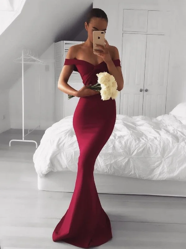 Affordable Women's Outfit Feminine Elegance Off Shoulder Mermaid Burgundy Long Prom Dresses, Burgundy Bridesmaid Dresses, Mermaid Formal Dresses