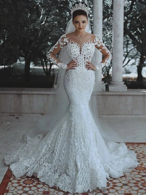 Women's Everyday Clothes Everyday Glamour Luxury Beaded Illusion Lace Long Mermaid Wedding Dresses, WD0340