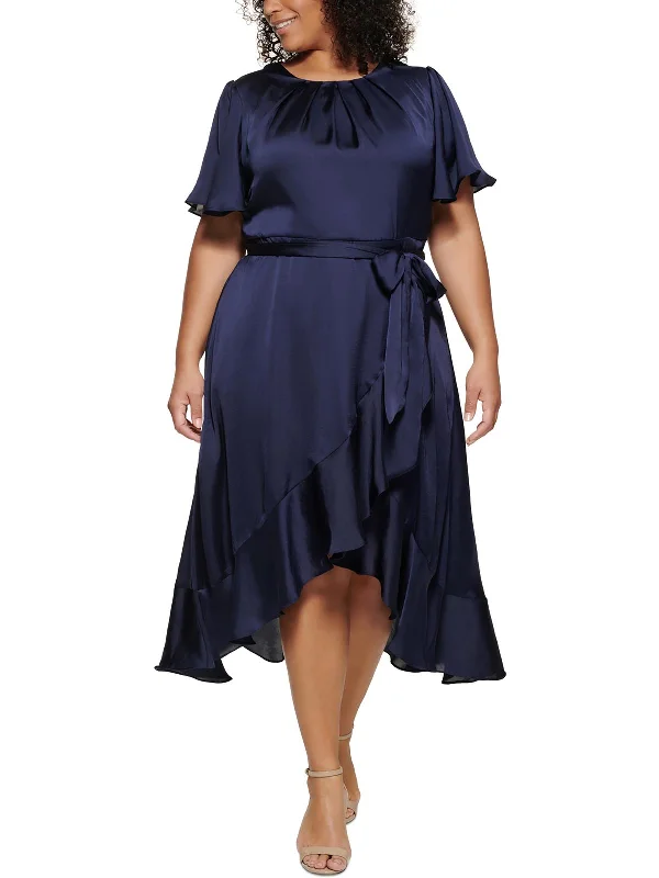 Women's Office Outfit Playful Elegance Womens Satin Ruffle Midi Dress