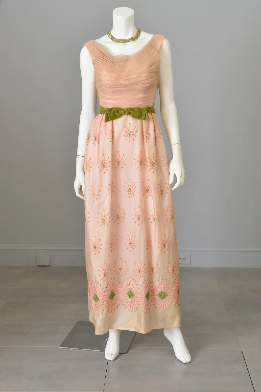 Formal Attire For Women Elevated Style 1960s Dusty Peach Pink Embroidered Ruched Gown | Vintage Bridesmaid or Prom Dress | XXS