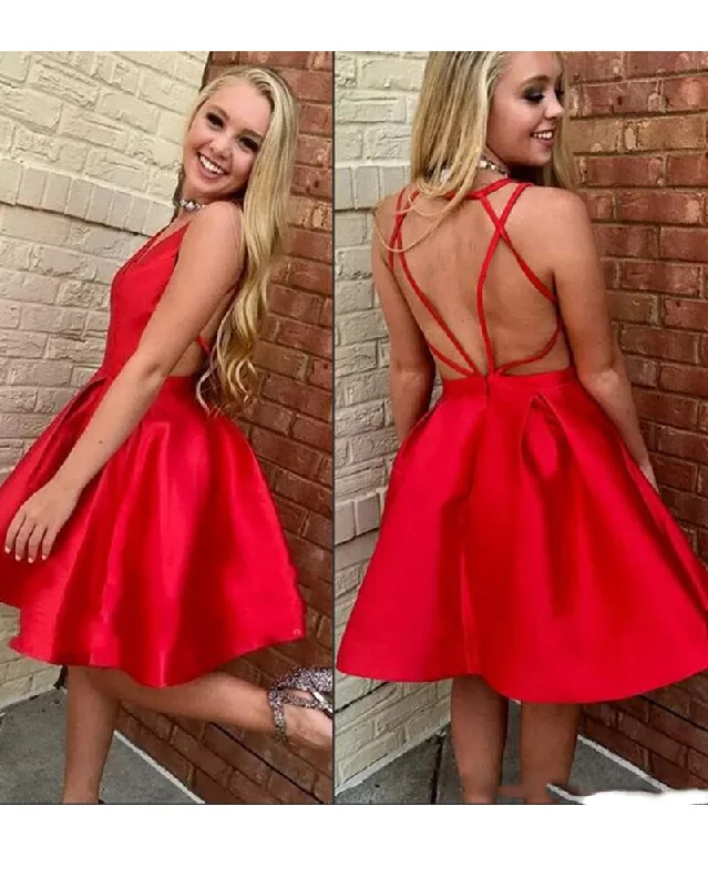 Stylish Women's Outerwear Apparel Effortless Grace Red V Neck Satin Prom Homecoming Dress Short Party Gown Junior Graduation Dresses