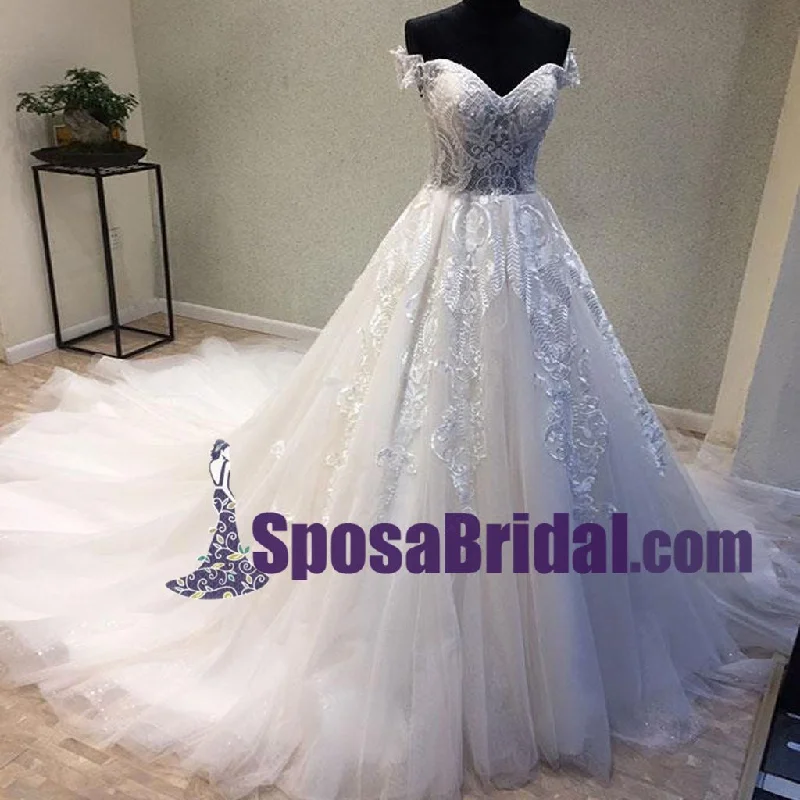 Women's Vacation Attire Chic Urban Fashion Look Off Shoulder Lace Up Back Long Tulle and lace Wedding Dresses with train, Elegant Pretty Bridal Gowns. WD0267