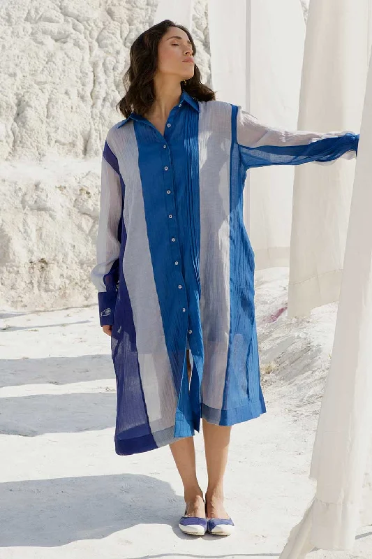 Women's Evening Wear Outfit Romantic Date - Night Ensemble Blue Panelled Shirt Dress