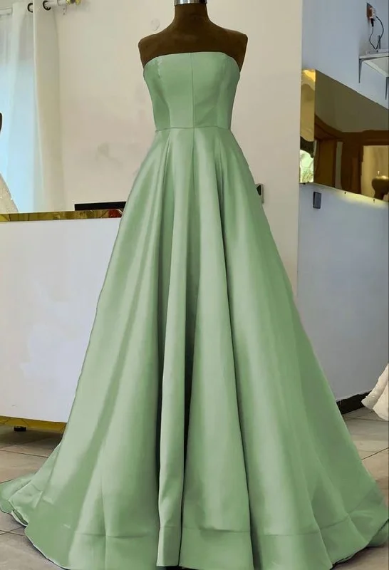 Women's Contemporary Apparel Hollywood Glam Award - Show Style Simple Sage Green Satin Bridesmaid Dresses, Strapless Floor Length Formal Prom Dress Y631