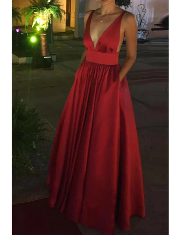 Fashionable Women's Casual Apparel Graceful Cut Red V Neck A Line Satin Long Evening Dresses with Pocket PL3302