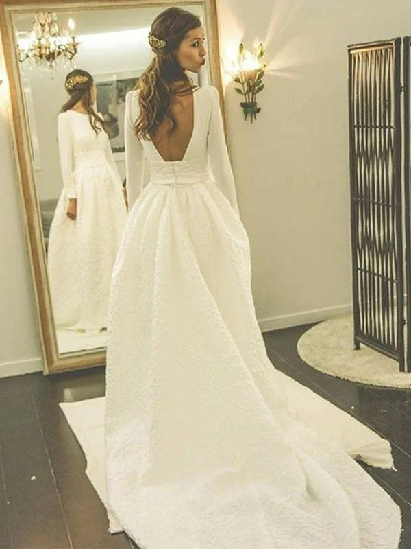 Women's Clothes And Apparel Elegant Contour Modest Long Sleeves Open Back A-line Handmade Long Wedding Dress, WD0250