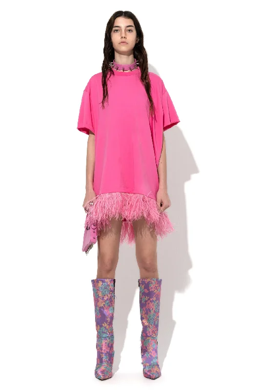 Classic Clothes For Women Subtle Sophistication BRIGHT PINK FEATHER HEM T-SHIRT DRESS