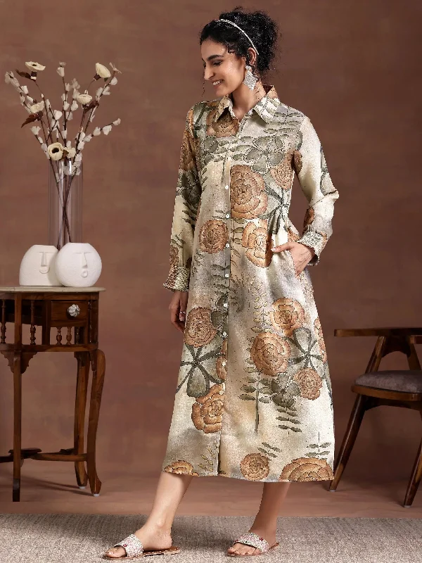 Chic Women's Attire Boho - Chic Festival - Ready Style Grey Printed Linen Shirt Dress