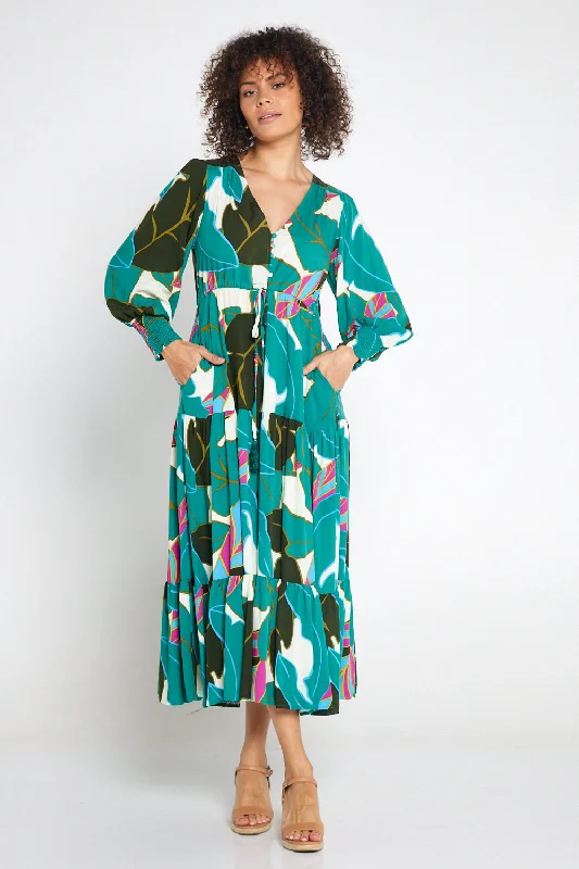 Women's Chic Outerwear Attire Graceful Cut Makena Long Sleeve Maxi - Green Print