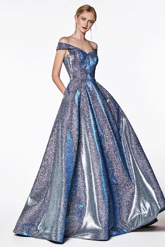 Women's Trendy Apparel Feminine Soft - Hued Look Cinderella Divine CB0036 Long Off Shoulder Prom Glitter Metallic Ball Gown