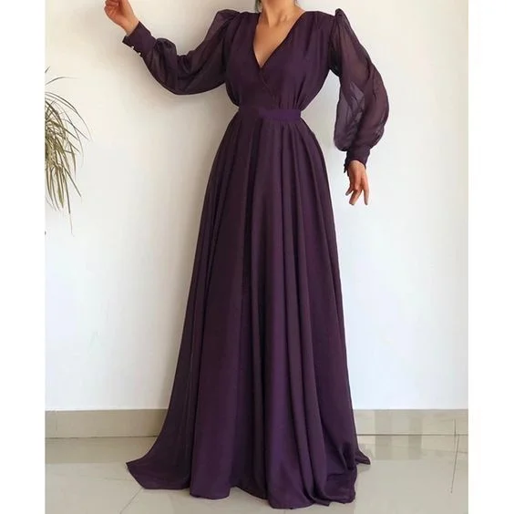 Women's Vintage Attire Boho - Chic Festival - Ready Style Elegant Purple Chiffon Long Prom Dresses Plus Size V Neck A Line Long Sleeve Women Evening Dress   cg13355