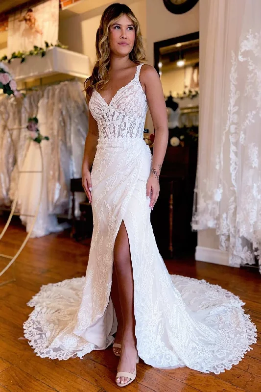 Modern Women's Apparel Limited - Time Bundle White Lace Queen Anne Mermaid Long Wedding Dress with Slit