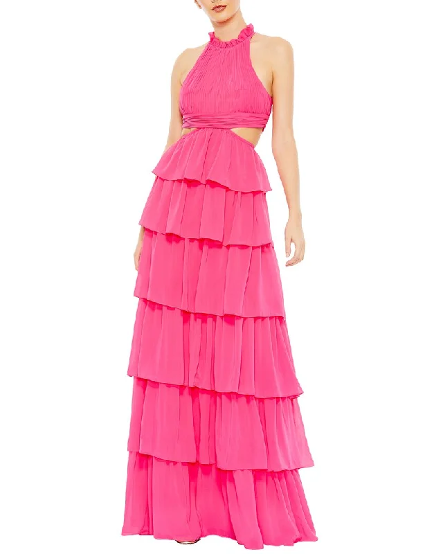 Fashionable Women's Casual Apparel Coastal Beach - Inspired Style Mac Duggal Tiered Ruffle Pleated High-Neck Ball Gown