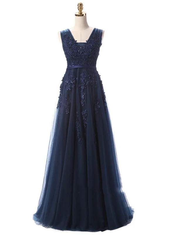 Women's Chic Outfit Contemporary Elegance A Line Round Neck Sleeveless Navy Blue Lace Prom Dress, Navy Blue Lace Bridesmaid Dress