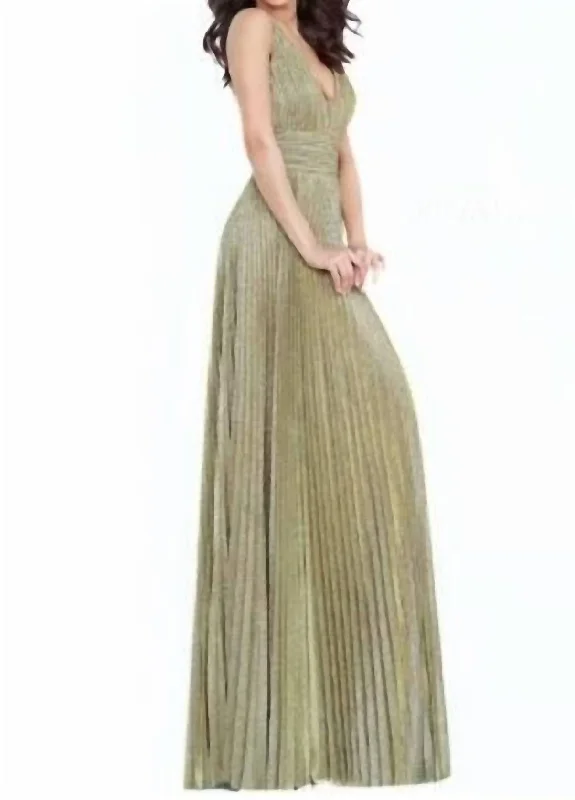 Women's Clothes And Apparel Contemporary Elegance Pleated Glitter Gown In Gold