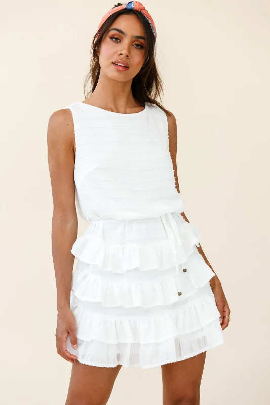 Women's Functional Outfit For Outdoor Activities Soft Textures Zayah Sleeveless Layered Frill Dress White