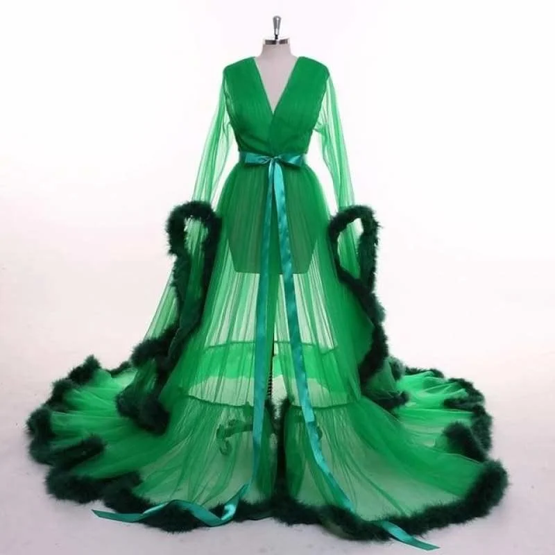 Women's Holiday Clothes Polished Finish Green Feather Long Sleeve Tulle Evening Dress