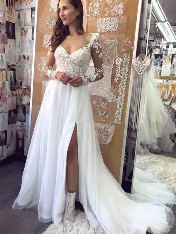 Women's Transitional Garments Contemporary Elegance Long Sleeves Lace Wedding Dresses, Side Slit Wedding Dresses, Elegant 2021 Wedding Dresses