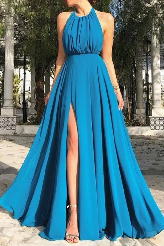 Luxury Women's Clothes Fashion-Forward Style Sexy Sleeveless Halter Open Back Split prom Dress  cg5954