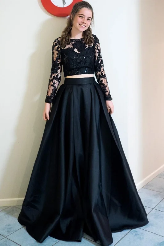 Women's Vacation Outfit Feminine Allure Long Sleeves 2 Pieces Black Lace Long Prom Dress, Long Sleeves Black Lace Formal Dress   cg15708