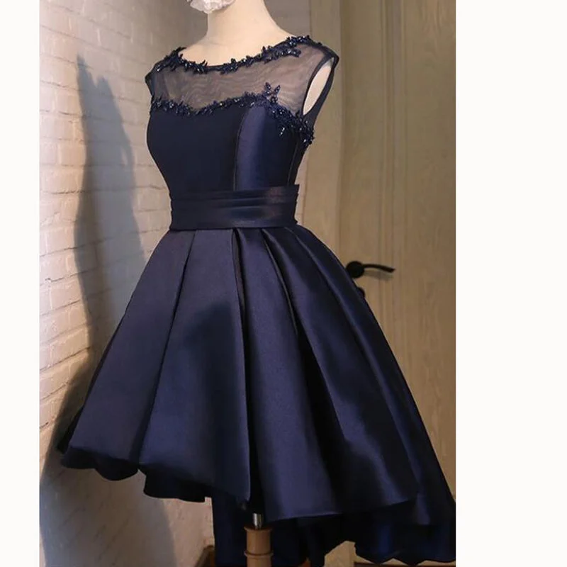 Women's Casual Apparel For Weekends Timeless Elegant Navy Scoop Neck High Low Prom Dress Short  A Line Satin Party Gown Girls Graduation Dress 2018