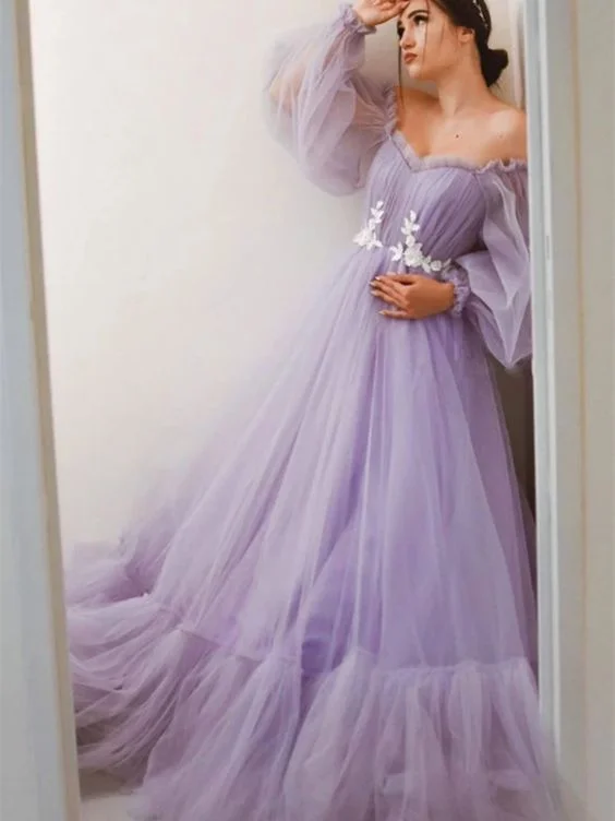 Elegant Women's Attire Lightweight Fabric Purple Tulle Long Sleeves Prom Dresses, Purple Tulle Long Sleeves Formal Evening Dresses   cg18633