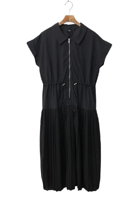 Timeless Women's Garments Romantic Detailing Mixed Material Pleated Contrast Drawstring Shirt Dress - 2 Colors Available