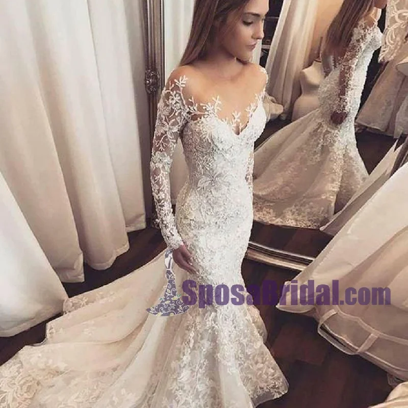 Women's Fashionable Attire For Work Grab Romantic Date - Night Styles Now Long Sleeves Lace Ivory  Hot Sales Spring Wedding Dresses, WD0262