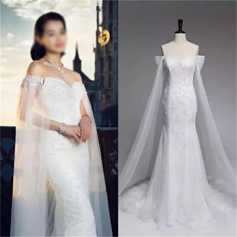 Women's Apparel And Garments Polished Finish Off Shoulder Mermaid Popular Handmade Custom Wedding Dress, Bridals Dress, WD0254