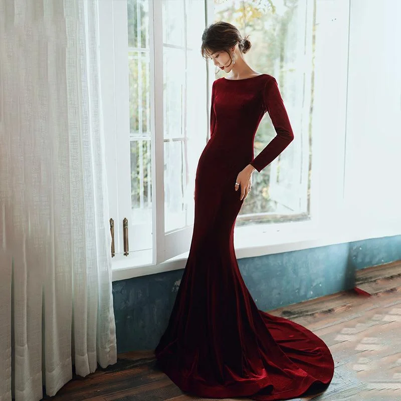 Women's Work Outfit Limited - Time Bundle Burgundy Velvet Long Sleeves Mermaid Party Dress, Long Prom Dress   cg15938