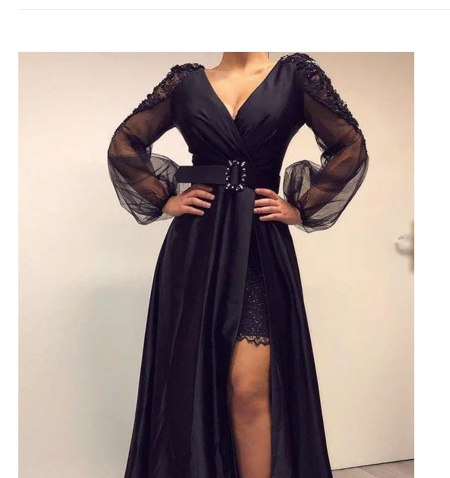 Women's Trendy Activewear Apparel Y2K Nostalgic Fashion Look Black prom dresses long sleeve a line side slit pleats long sleeve long evening dresses   cg14921