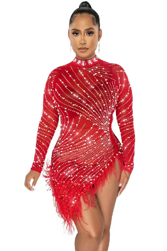 Women's Elegant Evening Attire Disco - Inspired Retro Dance Look Sparkly Crystal High Neck Sheer Mesh Bodycon Feather Party Mini Dress - Red